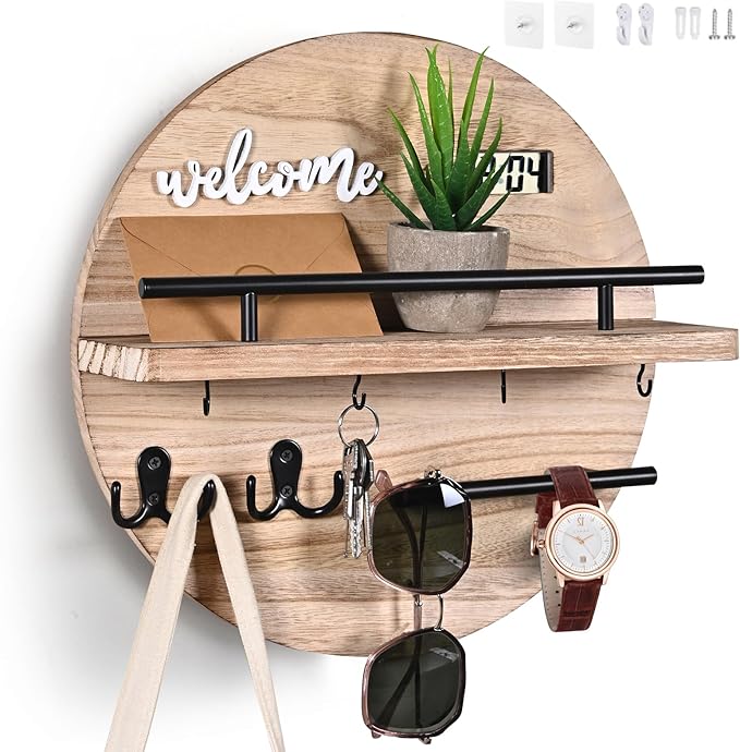 Key Holder for Wall Decorative, Key Hooks Wall Mounted with Shelf and Wooden Key Holder Round Key Hooks for Entryway Mudroom 