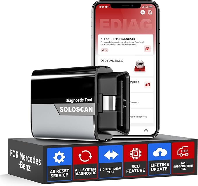 KINGBOLEN SOLOSCAN Bluetooth OBD2 Scanner for Mercedes-Benz MB (A/C/E/S/G/More), Maybach Bidirectional Scan Tool, All System