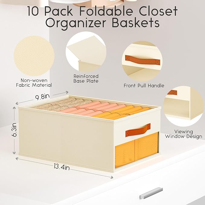 Homsorout Drawer Organizers and Storage - 10 Pack Foldable Pants Organizer with Clear Window & Handles, Fabric Closet Organiz