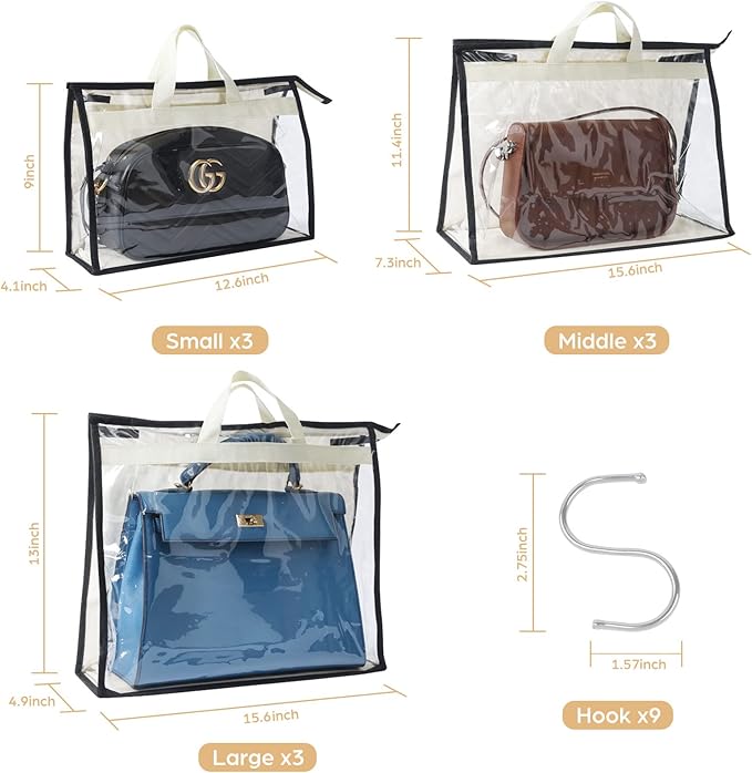 Interesse 9 Pack Dust Bags for Handbags, Clear Handbag Storage, Purse Storage Organizer for Closet, Purse Cover Hanging Close