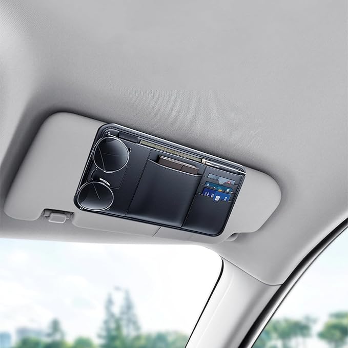 Car Visor Organizer, Multi-Functional Sun Visor Organizer, Black PVC Compact Design, Includes Pocket for Documents, Glasses Holder, Ideal for Most Vehicles