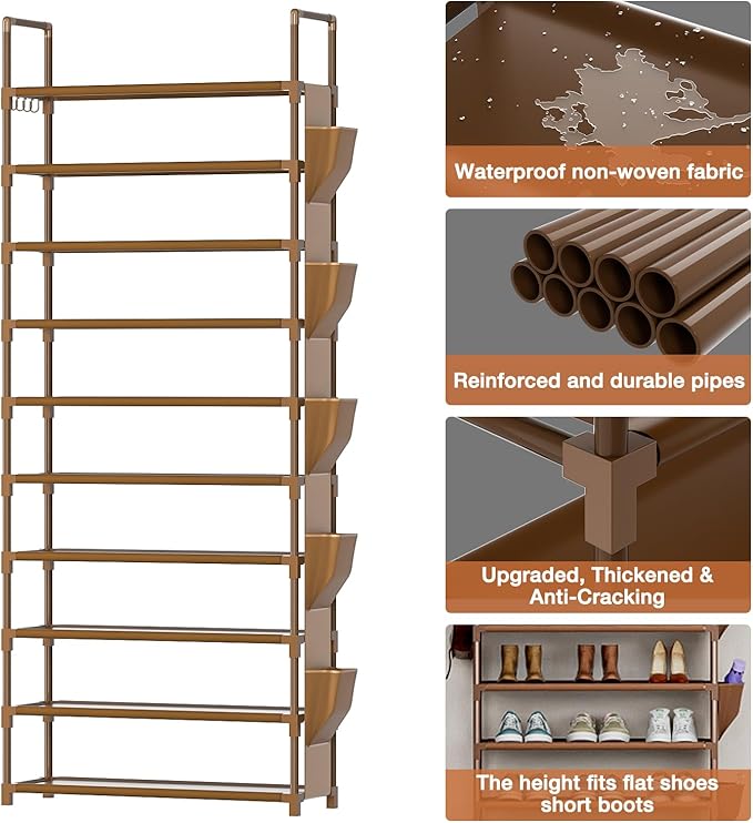 LUKYTOWER Tall Shoe Rack - 10 Tier Organizer for Closet, 30-35 Pairs, Large Capacity with 5 Hooks and Side Pocket, Sturdy Met
