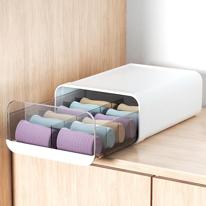 Underwear Organizer Drawer, 12 Cells Plastic Sock Underwear Storage Drawer, Stackable Closet Organizers and Storage Box for B