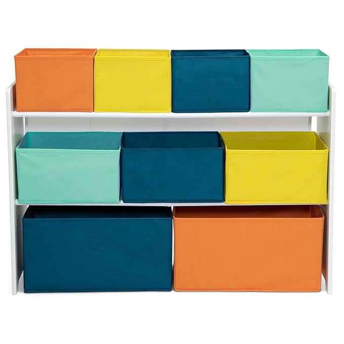 Delta Children Deluxe Multi-Bin Toy Organizer with Storage Bins - Greenguard Gold Certified, White with Navy/Green/Pastel Bin