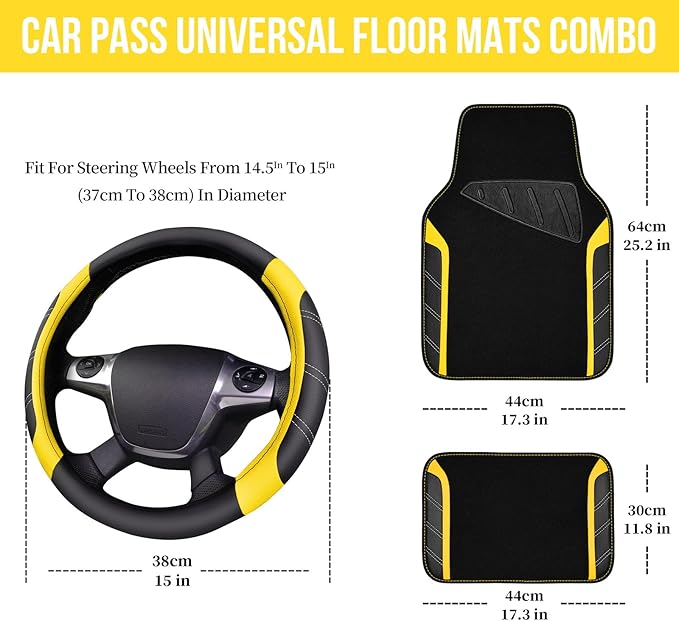 CAR PASS Leather Steering Wheel Cover and Waterproof Car Floor Mats,Microfiber Universal Car Combo Fit for 95% Sedan SUV Van 