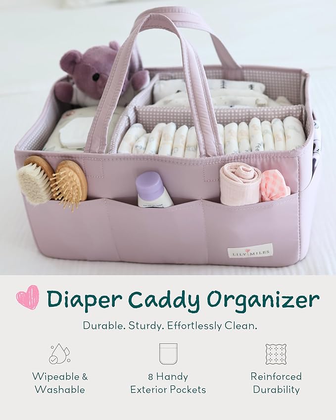 Lily Miles Baby Diaper Caddy Organizer, Wipeable Diaper Organizer Basket with 8 Pockets for Newborn Essentials, Baby Shower G