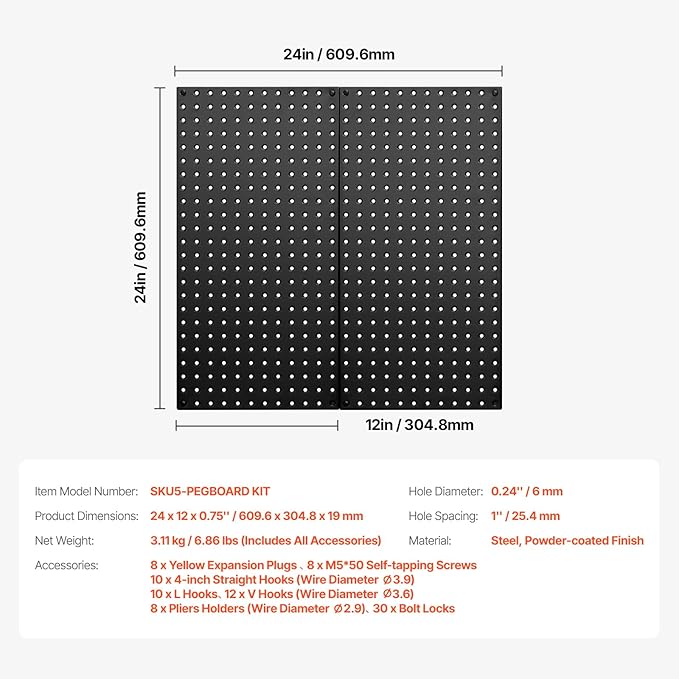 VEVOR Metal Pegboard Panels, 24" x 12" Pegboard, 2 Panels, Heavy Duty Peg Board Wall Organizer with Accessories, for Living R