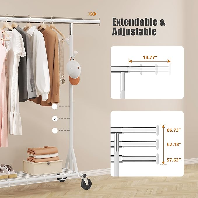 Gewudraw Heavy Duty Clothes Rack, 530 lbs Load Capacity Metal Garment Rack on Wheels - Collapsible Adjustable Portable Storag