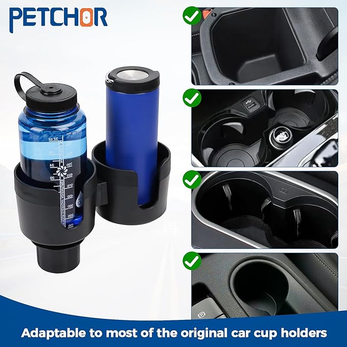 2-in-1 Multifunctional Car Cup Holder Expander, Large Auto Dual Cup Holder Expander Adapter with Adjustable Base, All Purpose Car Cup Holder for Bottles Cups Snack Organizer