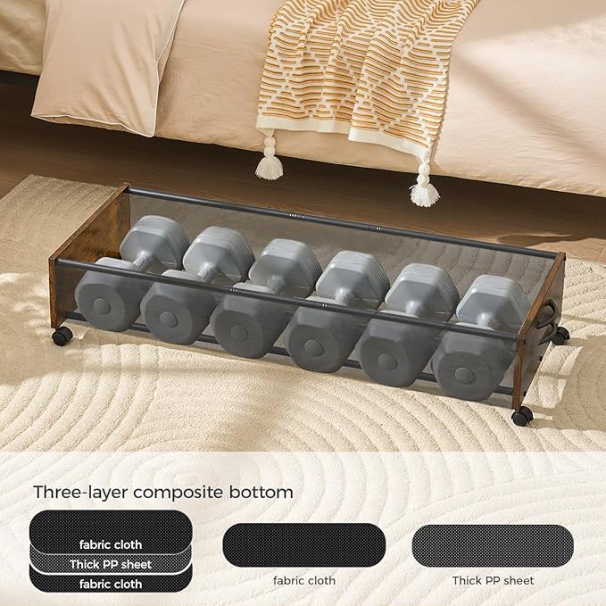 Under Bed Storage with Wheels, Wooden Under Bed Drawers On Wheels, Rolling Under Bed Shoe Storage, Space Saving,Rustic Brown,