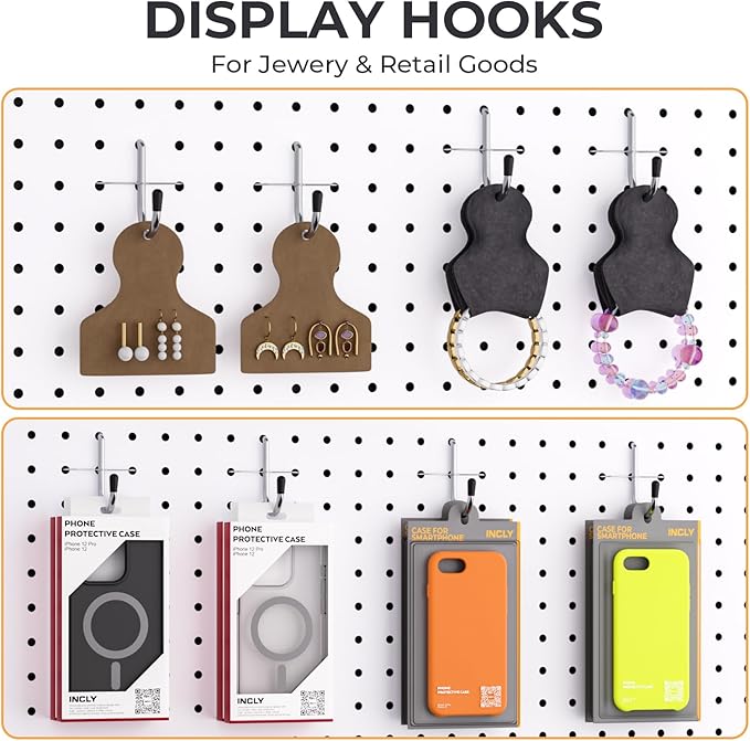 INCLY 1/4" Pegboard J Hooks, 100PCS Heavy Duty Peg Board Hooks Accessories with Peg Locks & Rubber Tipped, Peg Board Tool Han