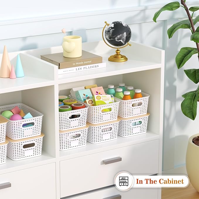 Ohmlove Plastic Storage Baskets With Bamboo Lid - Plastic Storage Containers Stackable Storage bins: Storage Baskets for Orga