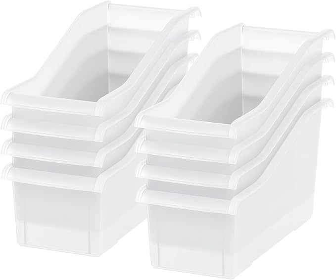 IRIS USA Plastic Book Bin Magazine Holder, 8-Pack, Vertical Standing Connecting Container Box for Office Dorm Study Homework 