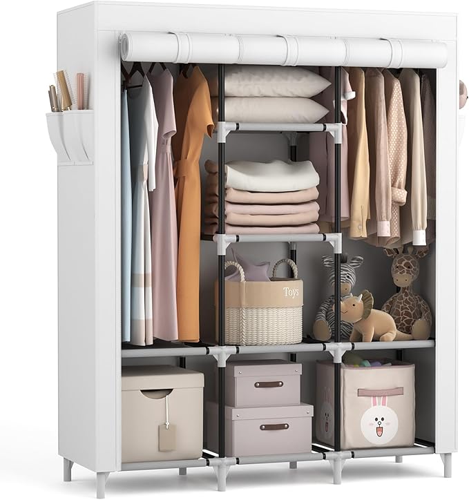 VTRIN Portable Closet Wardrobe for Hanging Clothes with 2 Hanging Rods and 8 Storage Organizer Shelves,Sturdy Large Wardrobe 