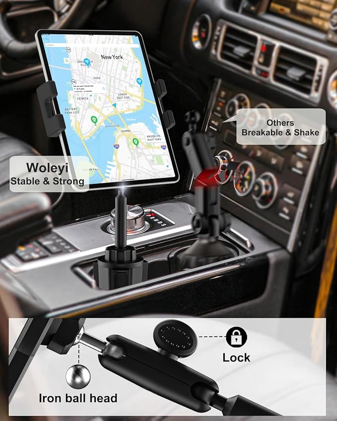 woleyi Cup Holder Tablet Holder for Car Mount - [Metal Arm] Heavy Duty Adjustable Car Cup Tablet Mount Truck Car Accessories, for 4-13" Tablets iPad Pro Air Mini, Galaxy Fold, Kindle Fire, iPhone