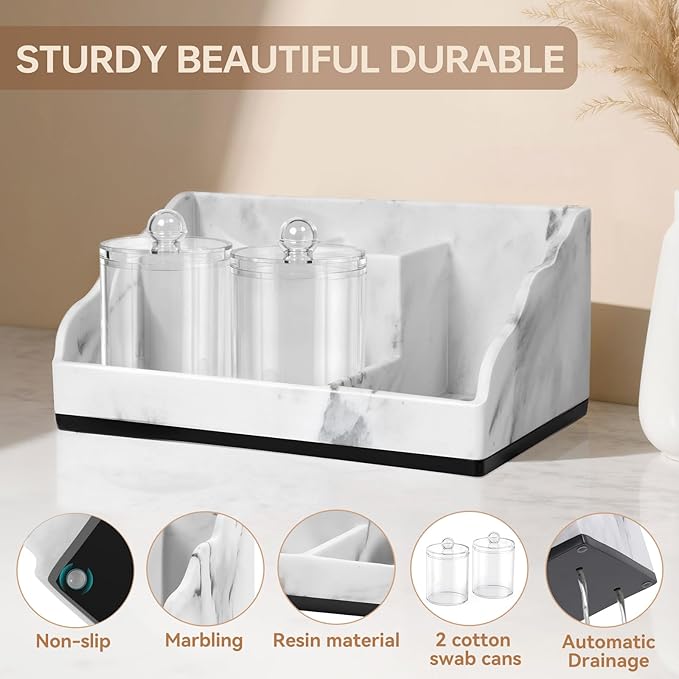 TuCao Marble Bathroom Countertop Organizer, Toothbrush Holders for Bathroom with 2PCS Qtip Holder Dispenser and Toothpaste Ho