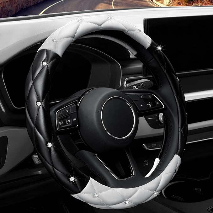 YOGURTCK Cute Diamond Soft Leather Anti-Slip Steering Wheel Cover with Bling Bling Crystal Rhinestones, Universal 15 Inch for