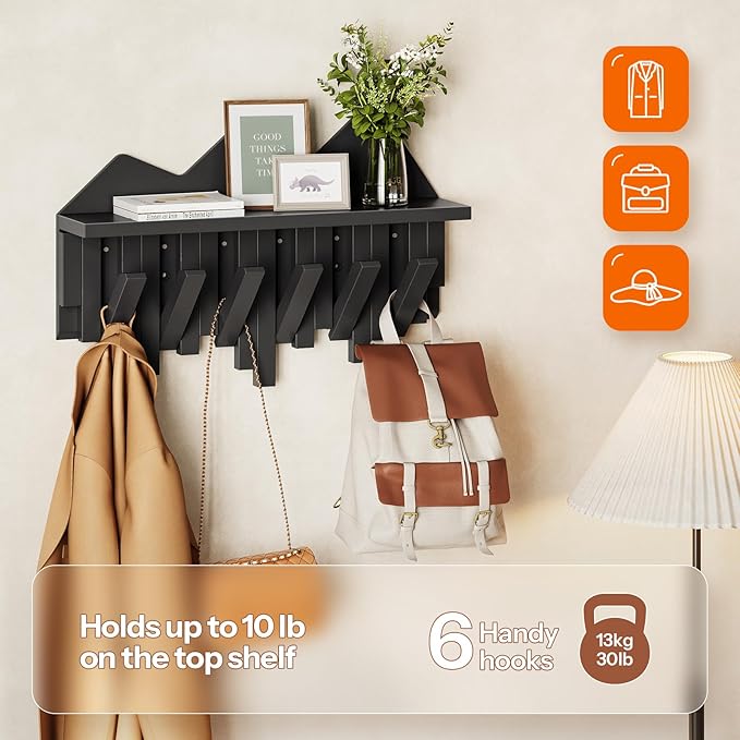 HOOBRO Wall Hooks with Shelf, Coat Rack with Shelf Wall-Mounted, Entryway Wall Key Holder, Hat Rack for Walls, Purse Hanger f