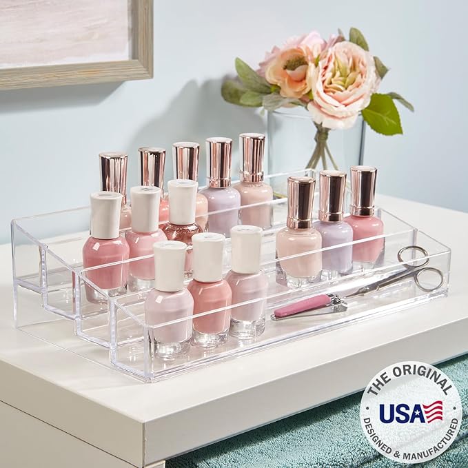 STORi Multi-Level Nail Polish Bottle Holder | Clear Plastic Organizer Rack for up to 40 Nail Polish Bottles, Rectangular 4 Ti