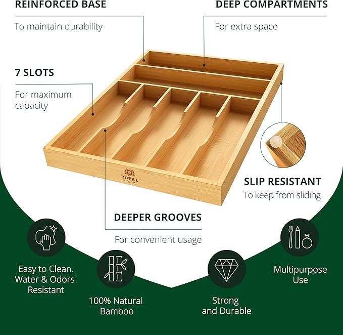 ROYAL CRAFT WOOD Adjustable Bamboo Drawer Dividers Organizers (17-22") - Bamboo Kitchen Drawer Organizer 7 Slot