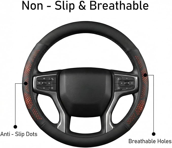 Leather Steering Wheel Cover for Dodge Ram 1500 2500 3500/ for Ford F150 F250 F350/ for Toyota Tacoma 4Runner Tundra, 15.5-16