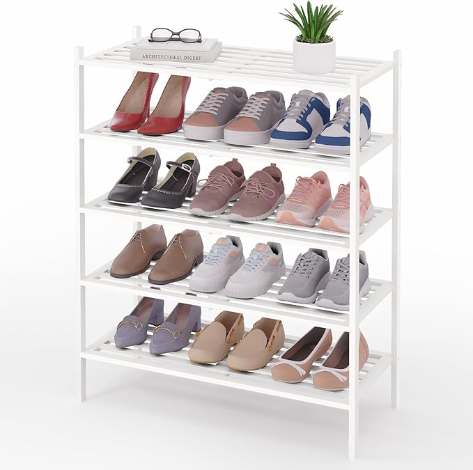 Smiry Bamboo Shoe Rack 5-Tier, Stackable Wooden Shoe Organizer for Entryway & Closet, Free Standing Wood Shoe Storage Shelf f