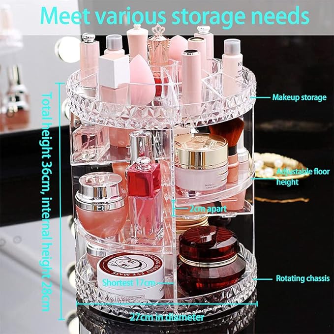 Makeup Organizer Rotating 360 Degree Crystal Jewelry Cosmetic Perfume Display Box Desktop Lipstick Organizer