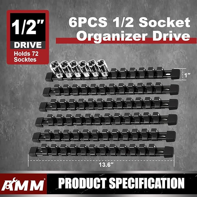AMM 6-Piece Socket Organizer, 1/2 inch Drive ABS Tools Socket Holder,Heavy Duty Socket Racks, Premium Quality Socket Clip Rai
