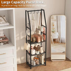 3-Tier Purse Stand Handbag Organizer, Tall Narrow Entryway Closet Bag Organizer, Wood Iron Storage Shelf, 4-in-1, with 8 Remo