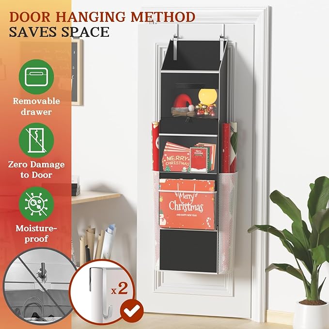 Ofiray-home 2-in-1 Wrapping Paper Organizer Storage, Over Door or Under Bed Organizer with Removable Drawer & 4 Clear Pockets