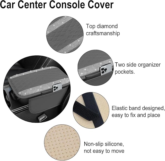 NBTEPEM Bling Gray Car Center Console Cover, Leather Car Arm Rest Cover with 2 Storage Bags, Universal Auto Armrest Protector Storage Box, Bling Accessories Interior for Most Vehicles