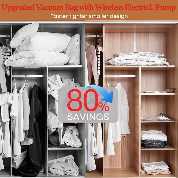Vacbird Travel Vacuum Storage Bags with Rechargeable Cordless Pump, 12 Pack Vacuum Seal Bags for Clothing(4 Large+4 Medium+4 