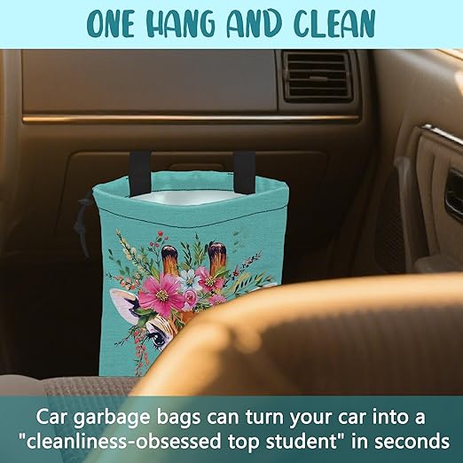 Car Trash Bag Watercolor Giraffe and Floral Hanging Drawstring Car Organizer and Storage Bag with Adjustable Buckle Canvas Garbage Bin for Back Seat or Hanging Headrest Car Decor