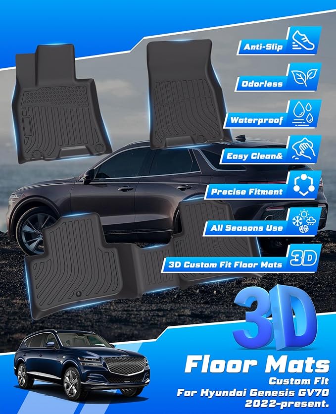 Sunsdrew Floor Mats for 2022-2025 2026 Genesis GV70 Accessories (Not for Electrified GV70), All Weather Car Mats Front Rear 2 Rows Floor Liners TPE Rubber Raised Edge
