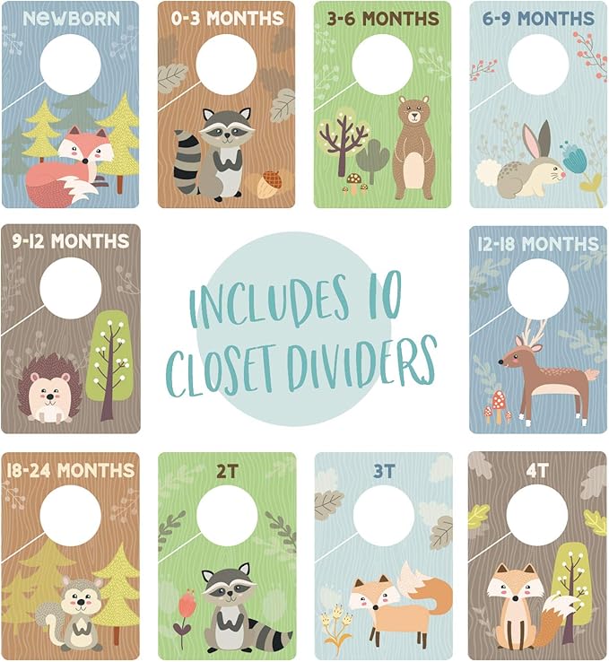 Woodland Closet Clothing Size Dividers / 4" x 6" Closet Organizers for Newborn Baby to 4T Clothes / 10 Forest Animal Baby Clo