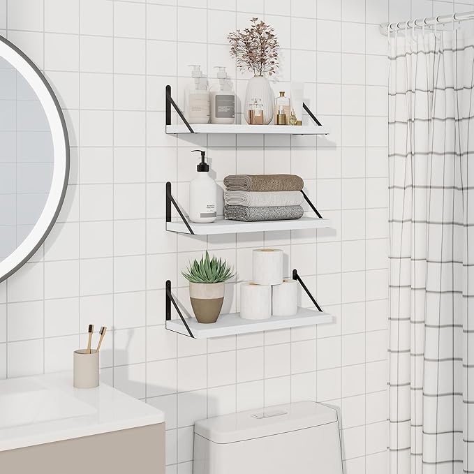 Wall Shelf, Floating Book Shelves with Brackets, 16 inch White Shelves Set of 3, Particle Board Wooden Shelf for Kitchen, Bat