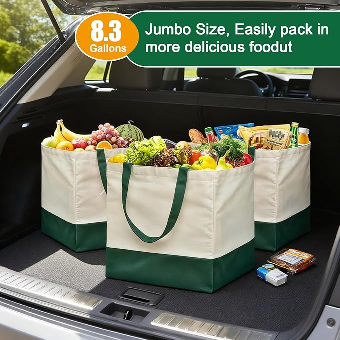 3 Pcs Reusable Grocery Bags - Heavy Duty Canvas Bag, 8.3 gal Foldable Large Canvas Tote Bag with Handles, Holds 60 lbs Tote Shopping Bags,100% Cotton（Retro Green）