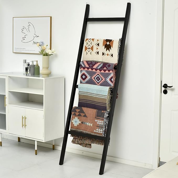 FUIN 6.4ft Extra Wide Wooden Blanket Ladder Living Room Decorative Wal Leaning Farmhouse Quilt Display Holder Rustic Wood Tow
