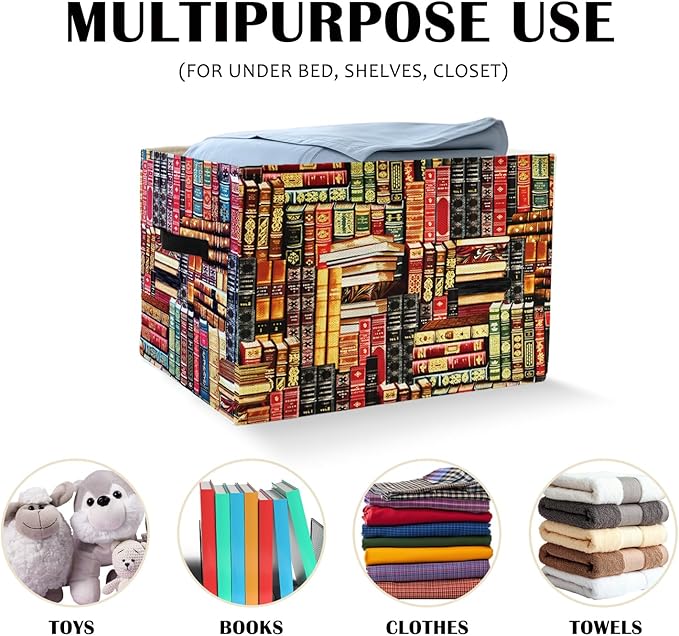 Vintage Library Books Storage Basket Organizer Bins With Handles,Retro Bookish Foldable Organizer Basket Toybox for Reading C