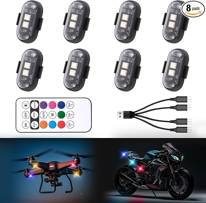 8PCS Wireless LED Strobe Lights with Remote Control,8 Colors Waterproof Anti-Collision USB Charing Led Warning Light, High Brightness Wireless LED Lights for Car Drone Truck Motorcycle Aircraft Bike