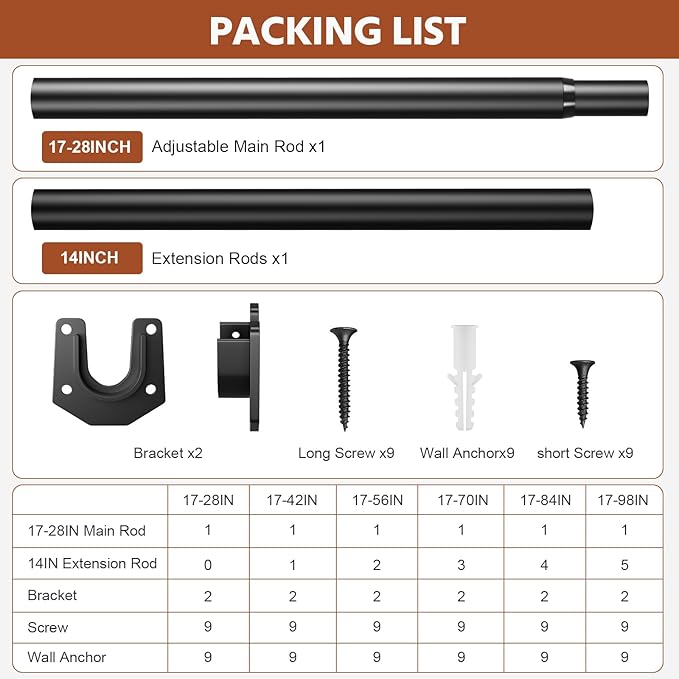 Closet Rods for Hanging Clothes, 17-42 Inch Stepless Adjustable Closet Rod, 1.3 Inch Heavy Duty Metal Clothes Hanging Rod, Ex