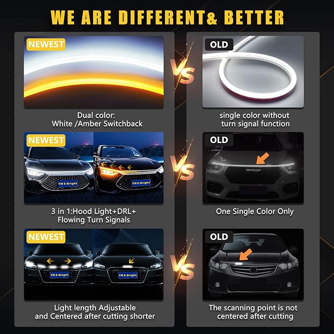 Dynamic Scan Start Up Hood Light Strip Sequential Flowing Turn Signal Lights Flexible DRL Daytime Running Light Car Led Light Strip Exterior,Dual Color Amber White Switchback 12V 70inch (1 Set)