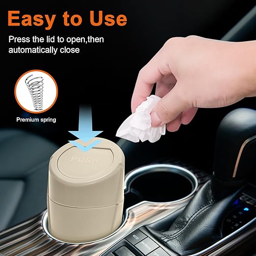 Car Trash Can, Mini Car Trash Bin with Lid, Leakproof Cup Holder Car Garbage Can with 20 Trash Bags, Vehicle Front Back Seat Organizers and Storage for Car, Home, Office, Beige