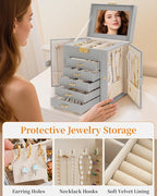 TORIBIO Large Jewelry Box for Women, Leather Jewelry Organizer with Mirror & Lock, 6-Tier Jewelry Storage Case for Girls/Wome