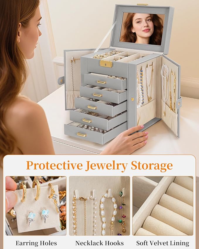 TORIBIO Large Jewelry Box for Women, Leather Jewelry Organizer with Mirror & Lock, 6-Tier Jewelry Storage Case for Girls/Wome