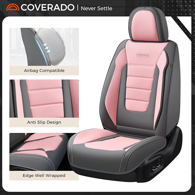 Coverado Car Seat Covers Full Set, Nappa Leather Seat Covers for Cars, Car Seat Protector Car Seat Cushion, Front and Back Se