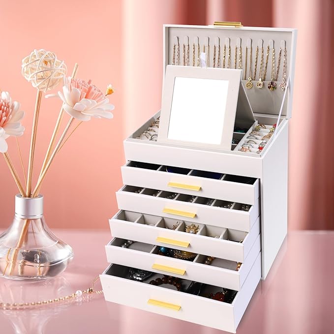 BOOVO Jewelry Boxes for Women, White and Black 6 Layer Large Jewelry Box for Necklace, Bracelet, Earrings, Rings Storage, Jew