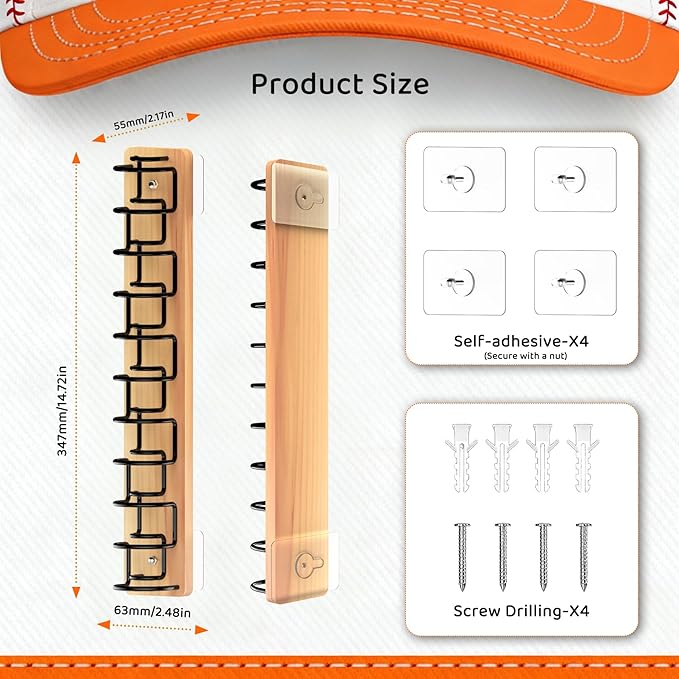 Hat Organizer for Baseball Caps 2 Pack - Wood & Metal Wall Hat Rack with Strong Adhesive & Screws, Holds Up to 22 Caps, Dual 