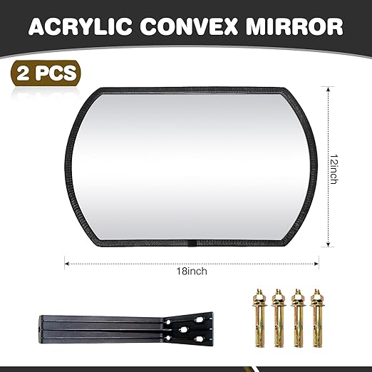 2 Pcs Garage Parking Indoor Acrylic Convex Security Mirror, 18" x 12" Rectangular Convex Corner Blindspot Mirror with Protective Film for Driveway Traffic