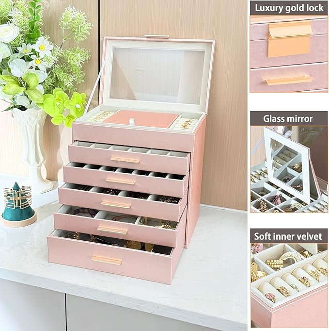 BOOVO Jewelry Boxes for Women, White and Black 6 Layer Large Jewelry Box for Necklace, Bracelet, Earrings, Rings Storage, Jew